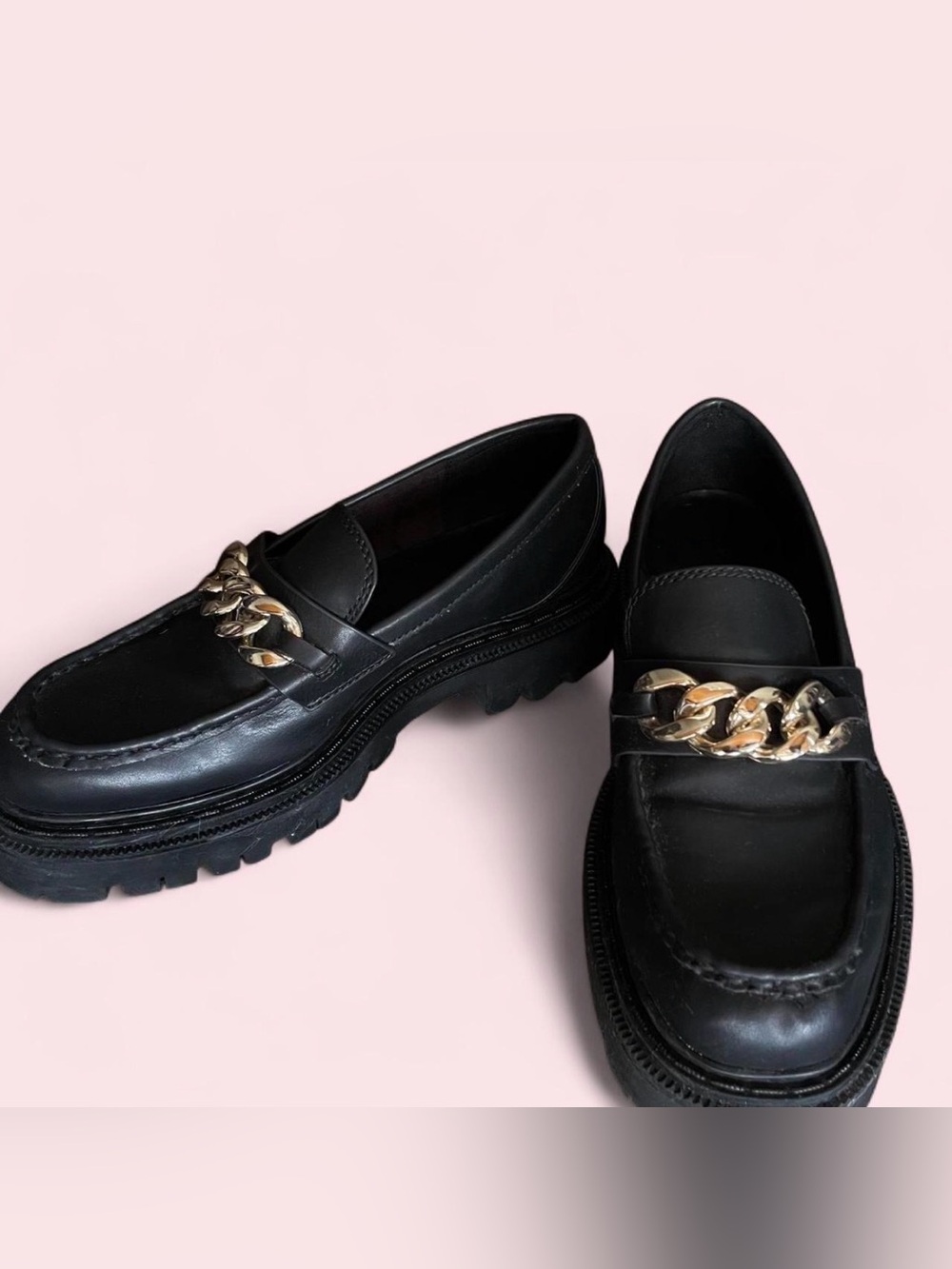 Aldo Black Leather Chain-Trim Women's Loafers